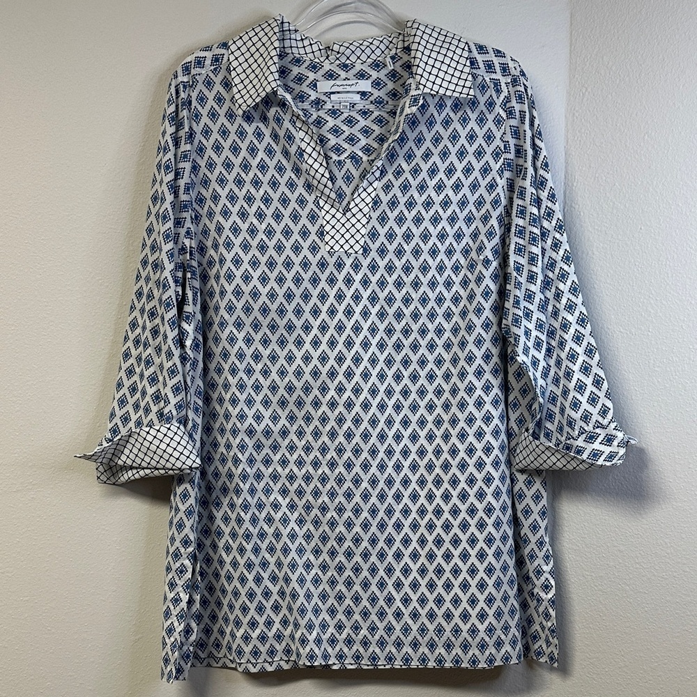 Foxcroft Nora Diamond Block Wrinkle Free Cotton Tunic Women's Plus Size 14W